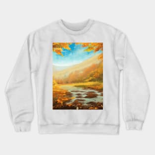 Romantic autumn landscape with a river surrounded by leaves from trees Crewneck Sweatshirt